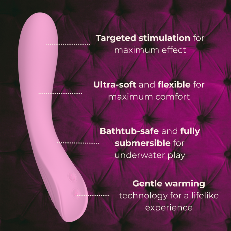 Velvet Rituals Ember internal massager highlighting targeted stimulation, ultra-soft flexible design, full submersibility, and gentle warming technology for comfortable use