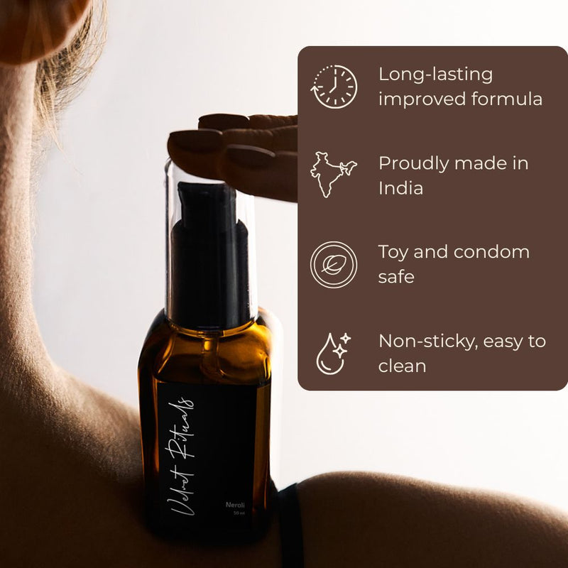 Velvet Rituals Neroli lubricant shown in use as a premium lifestyle product, highlighting long-lasting formula, toy-safe properties, and easy-to-clean texture