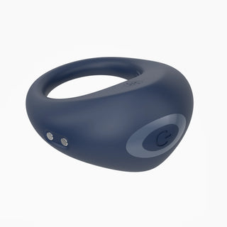 Velvet Rituals Orion app-controlled couples ring — navy blue body-safe silicone with power button.