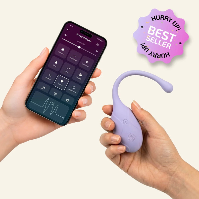 Velvet Rituals Pearl bestseller app-controlled wearable massager with Velvet Vibes app showing preset vibration patterns including wave, rhythm, and pulse modes.