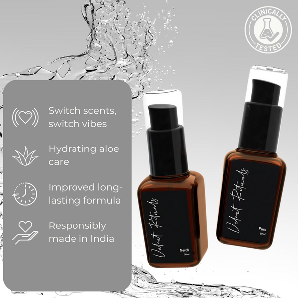 Velvet Rituals Pure and Neroli lubricants shown together as a premium bundle, highlighting aloe hydration, long-lasting formula, and clinically tested quality