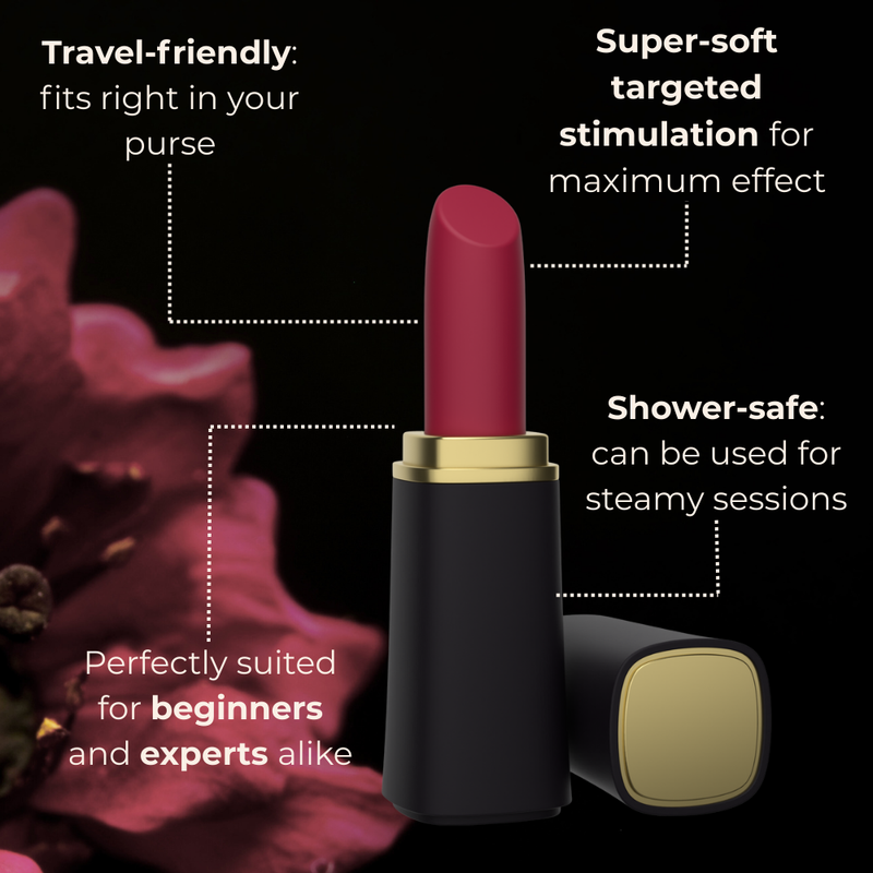 Velvet Rituals Rouge lipstick-style compact massager highlighting travel-friendly size, beginner-friendly design, targeted stimulation, and shower-safe use