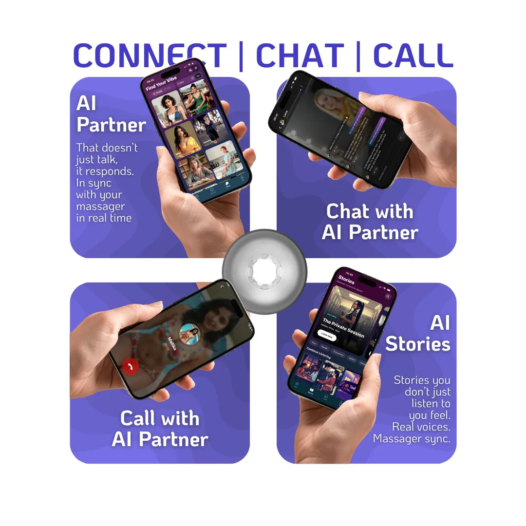 Velvet Rituals Vortex massager AI companion features - chat, voice call, and synced audio stories via Velvet Vibes app with real-time massager response.