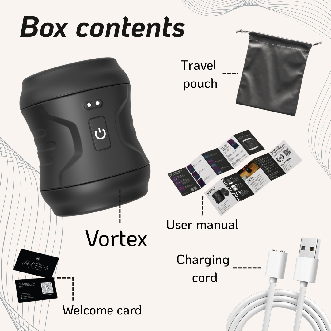 Box contents for the Velvet Rituals Vortex device, showing the Vortex unit, travel pouch, charging cable, user manual, and welcome card.