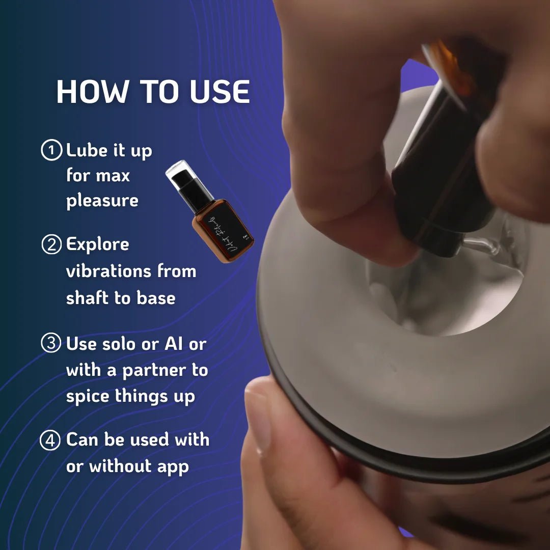 Velvet Rituals Vortex app-connected male massager how-to-use guide showing lubrication, vibration modes, solo and partnered use, and app-free operation.