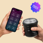 Velvet Rituals Vortex app-controlled male massager with Velvet Vibes app showing preset patterns, real-time control, Love Bridge, exercise, music, and echo play modes. 