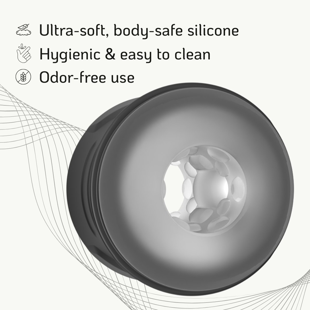 Velvet Rituals Vortex massager for men silicone features: odor-free, hygienic, ultra-soft, body-safe, insert shown.