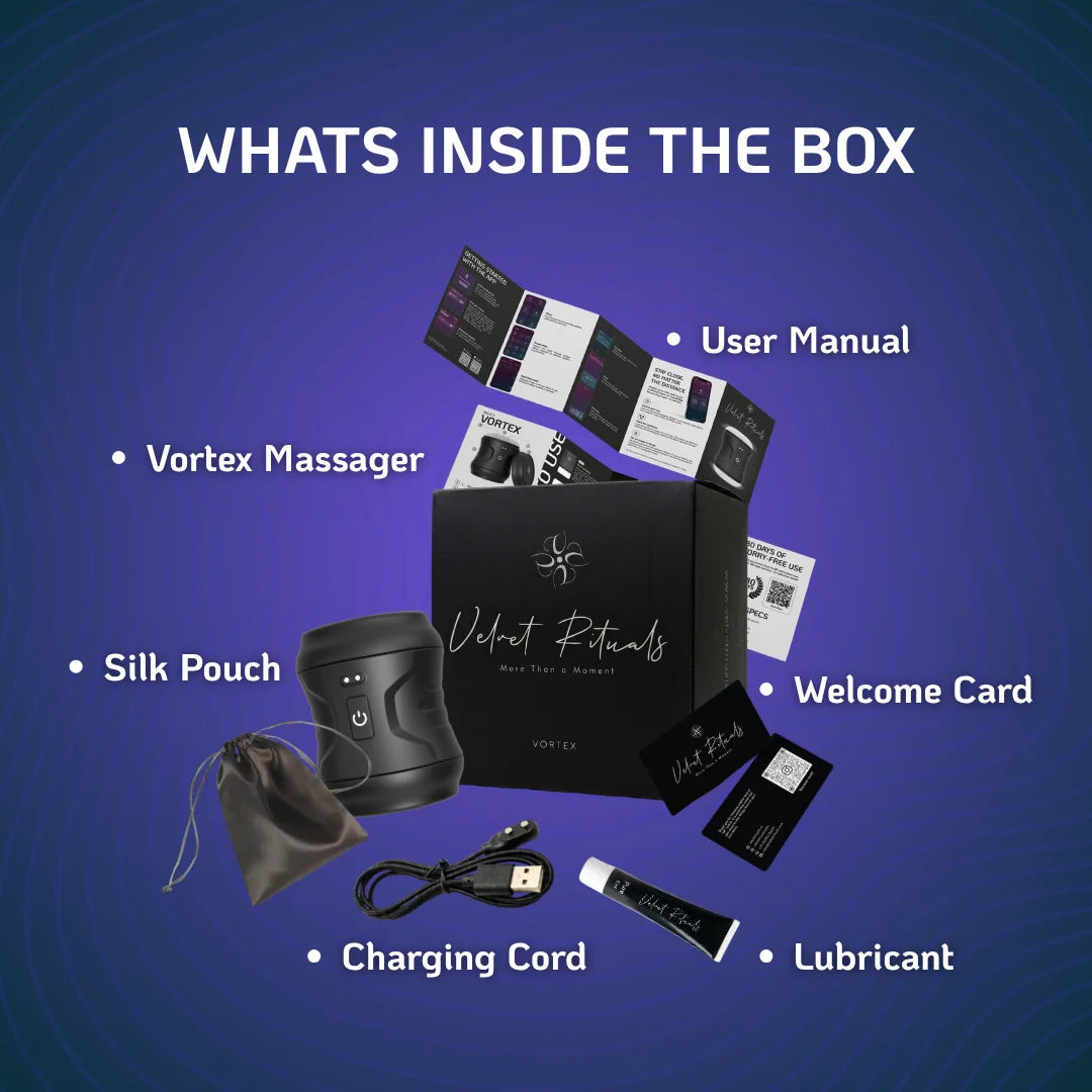 Velvet Rituals Vortex men massager box contents - massager, silk pouch, charging cord, lubricant, user manual, and welcome card