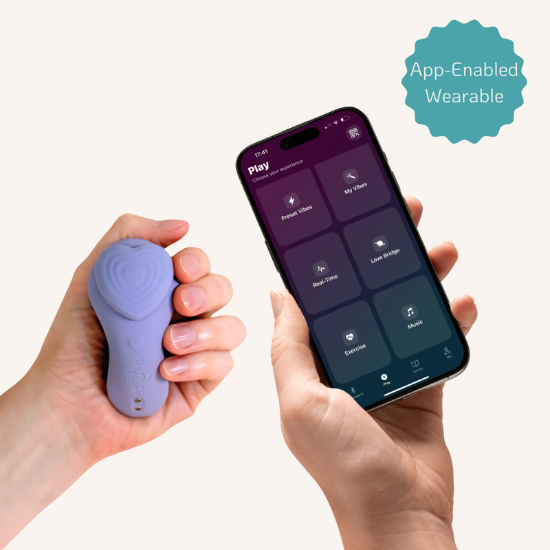 Handheld Velvet Rituals Whisper wearable device shown alongside the Velvet Vibes app interface, demonstrating app-enabled control modes including real-time, preset, and music-based interaction.