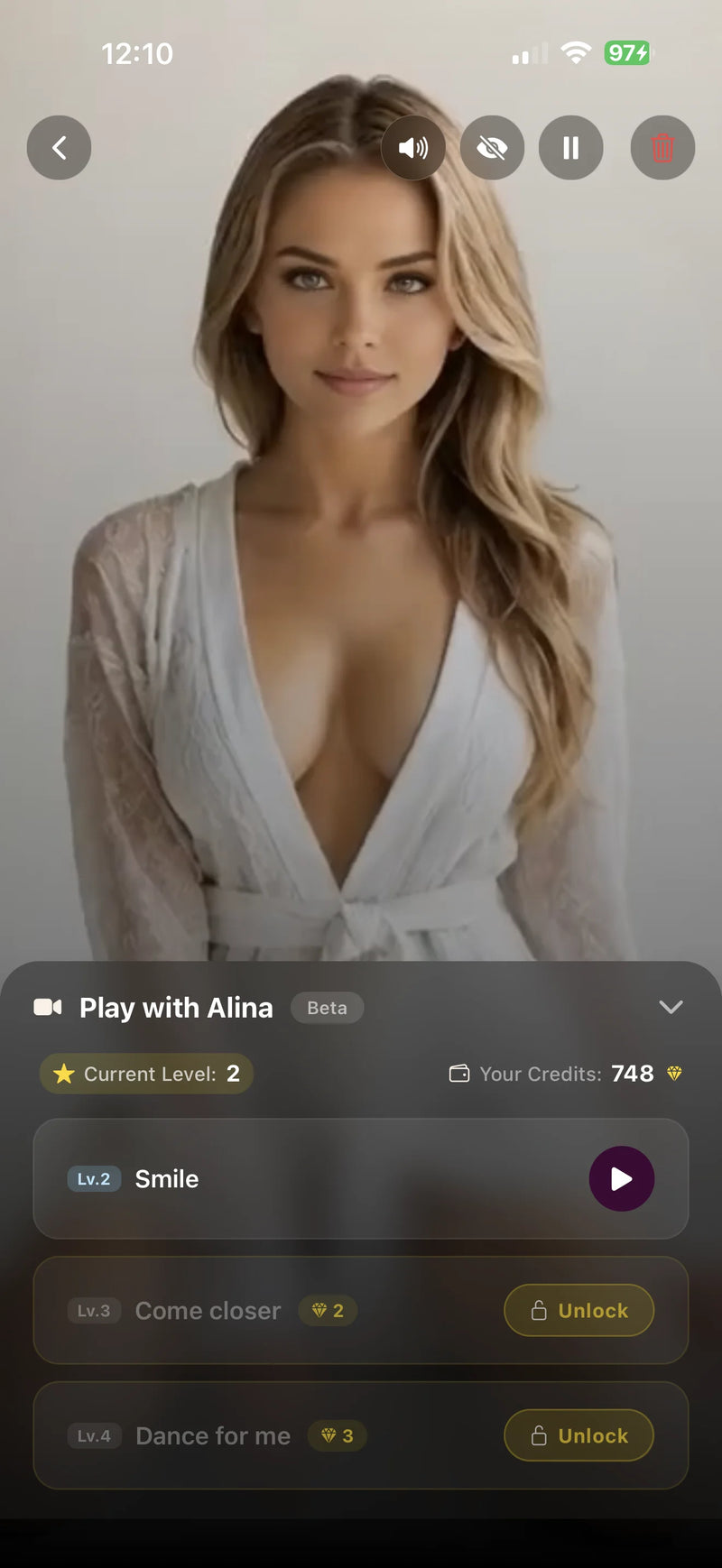 Velvet Vibes app by Velvet Rituals. AI partner play mode - interactive video experience with unlockable levels and massager sync.