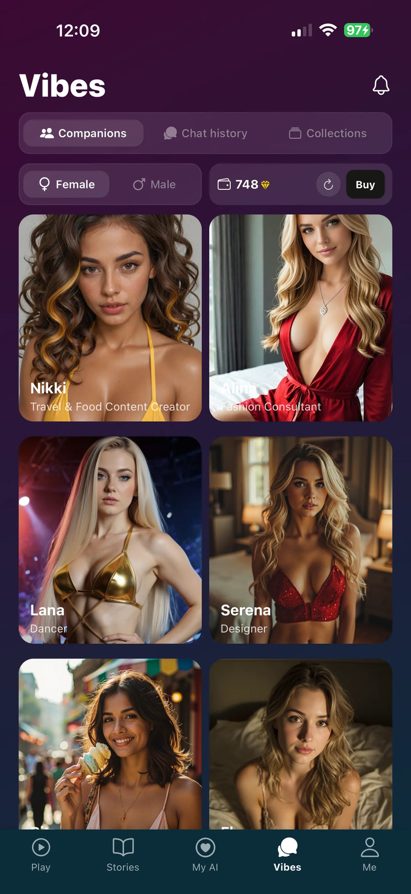 Velvet Vibes app by Velvet Rituals. AI partner screen showing female partner profiles - choose your personalised AI partner experience.