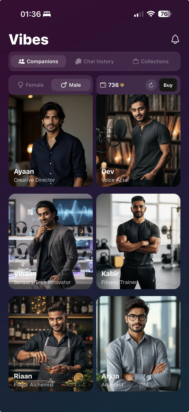 Velvet Vibes app by Velvet Rituals. Male AI partner screen - choose from Indian AI partners including Ayaan, Dev, Vihaan, Kabir, Riaan and Arjun.