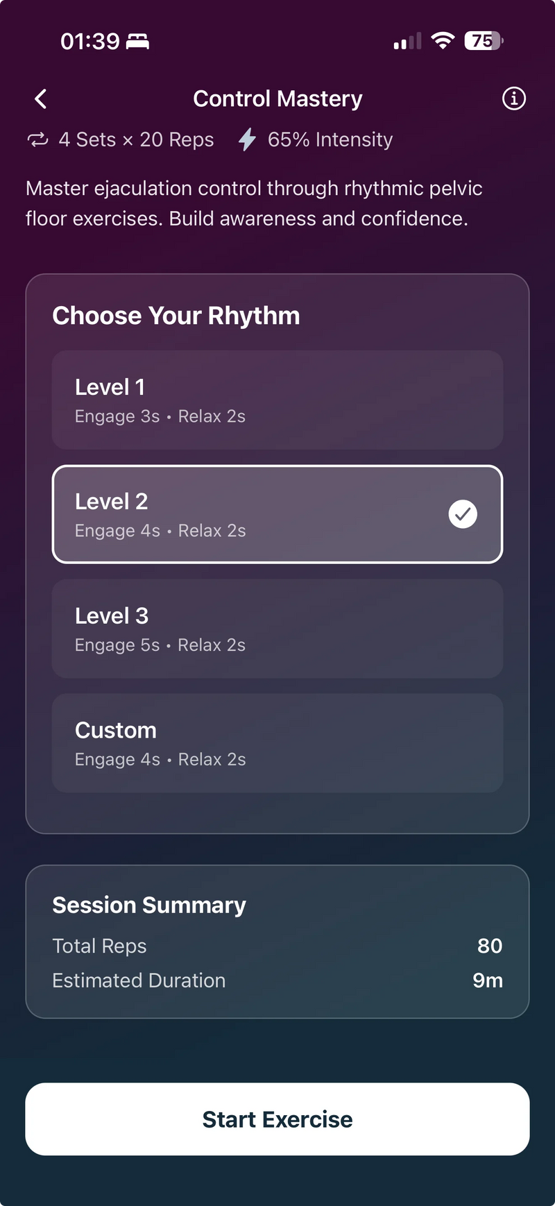 Velvet Vibes app by Velvet Rituals. Control Mastery exercise - choose rhythm level and intensity for pelvic floor training with massager sync.