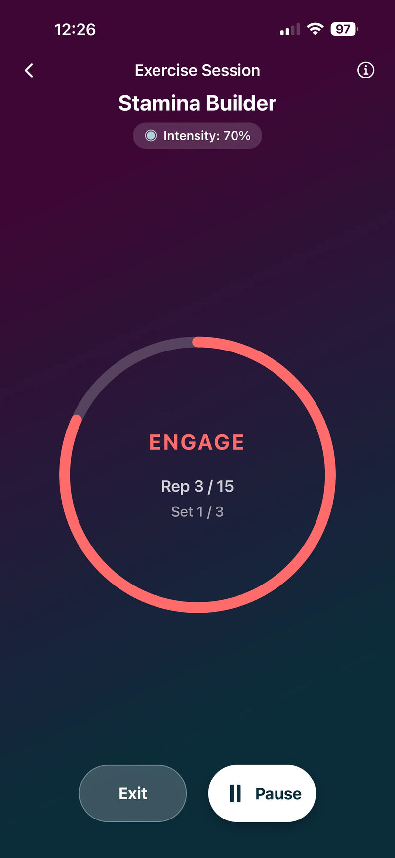 Velvet Vibes app by Velvet Rituals. Exercise mode - Stamina Builder session with rep and set tracking, device intensity synced to workout.