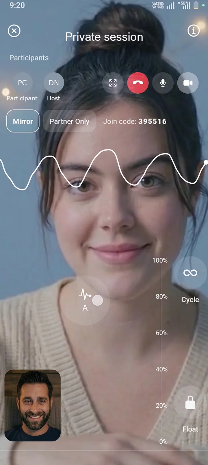 Velvet Vibes app by Velvet Rituals. Love Bridge - long distance private session with live massager control, vibration pattern sync and video call.
