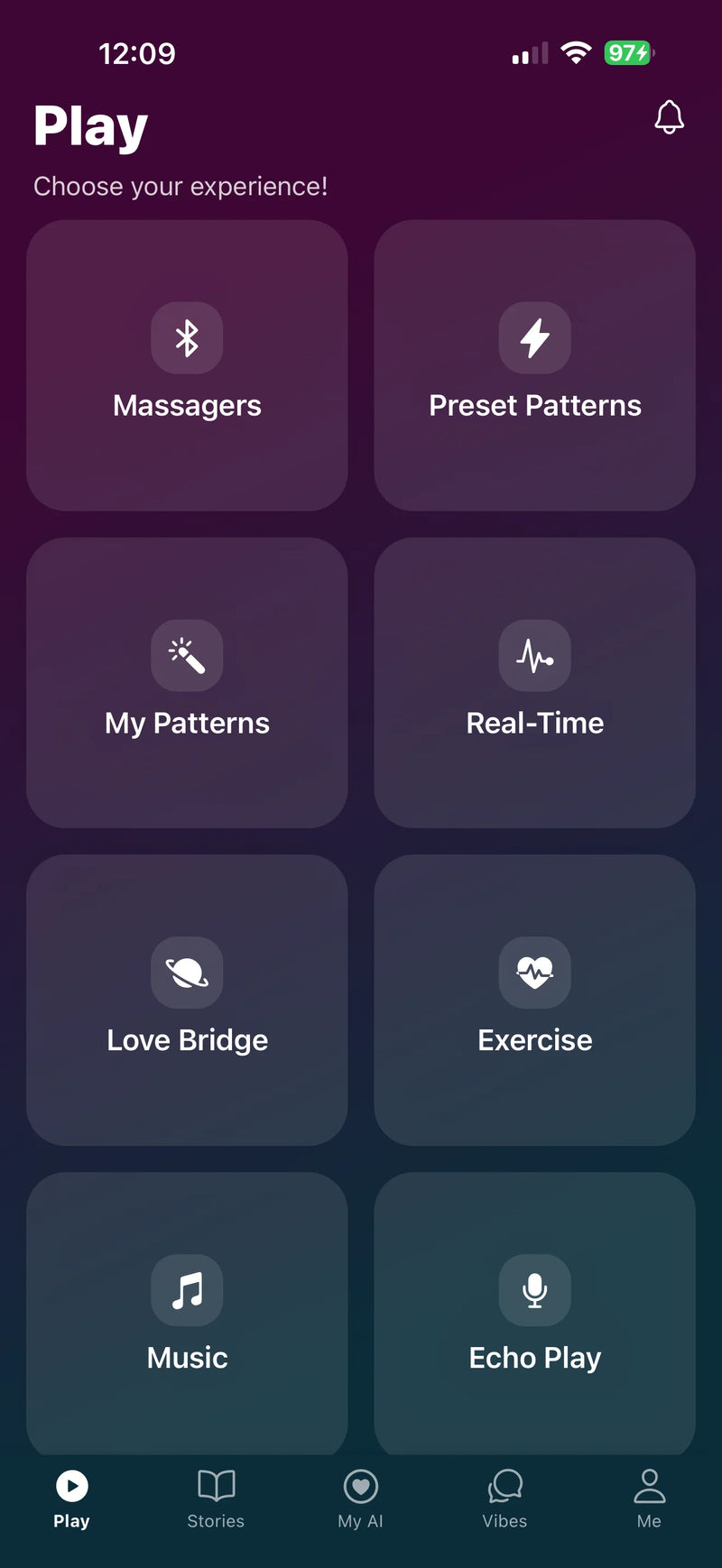 Velvet Vibes app by Velvet Rituals. Play screen showing massager control modes - Massagers, Preset Patterns, My Patterns, Real-Time, Love Bridge, Exercise, Music, and Echo Play.