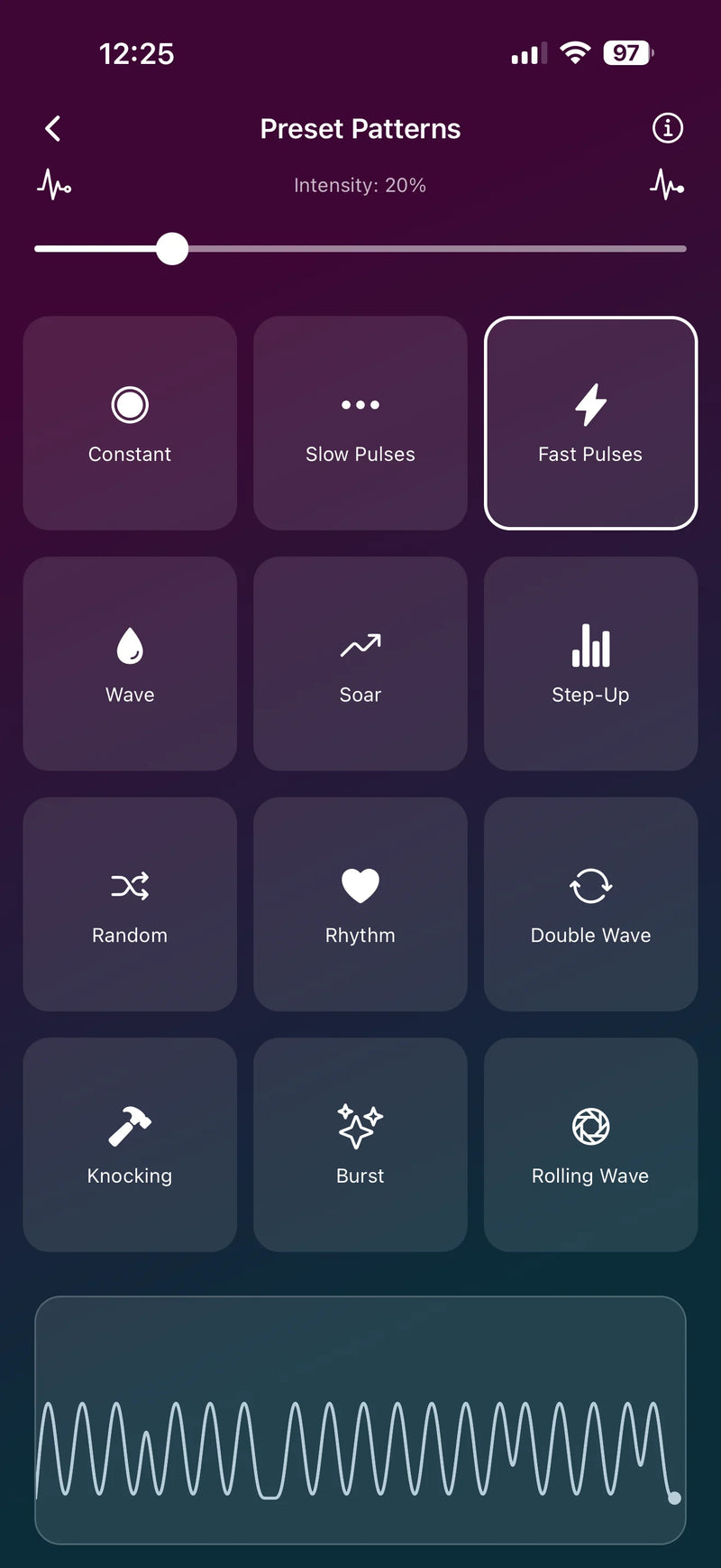 Velvet Vibes app by Velvet Rituals. Preset vibration patterns - choose from Constant, Slow Pulses, Fast Pulses, Wave, Soar, Step-Up, Random, Rhythm, Double Wave, Knocking, Burst and Rolling Wave.
