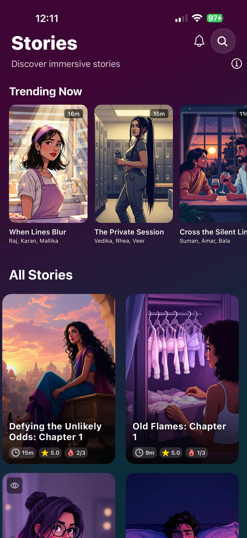 Velvet Vibes app by Velvet Rituals. Stories screen showing immersive audio stories synced with device - trending and all stories library with Indian characters.